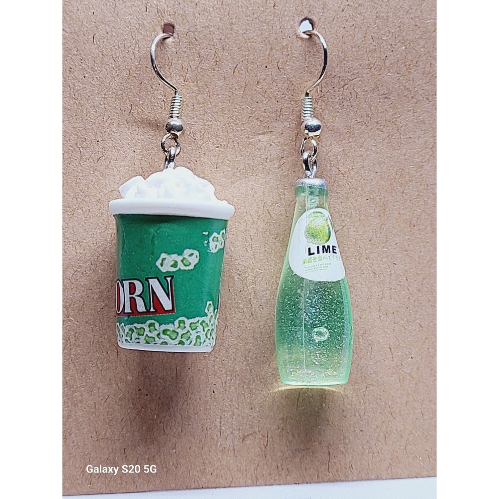 Green Popcorn and Lime Soda Mismatched Novelty Drop Earrings Movie Theme